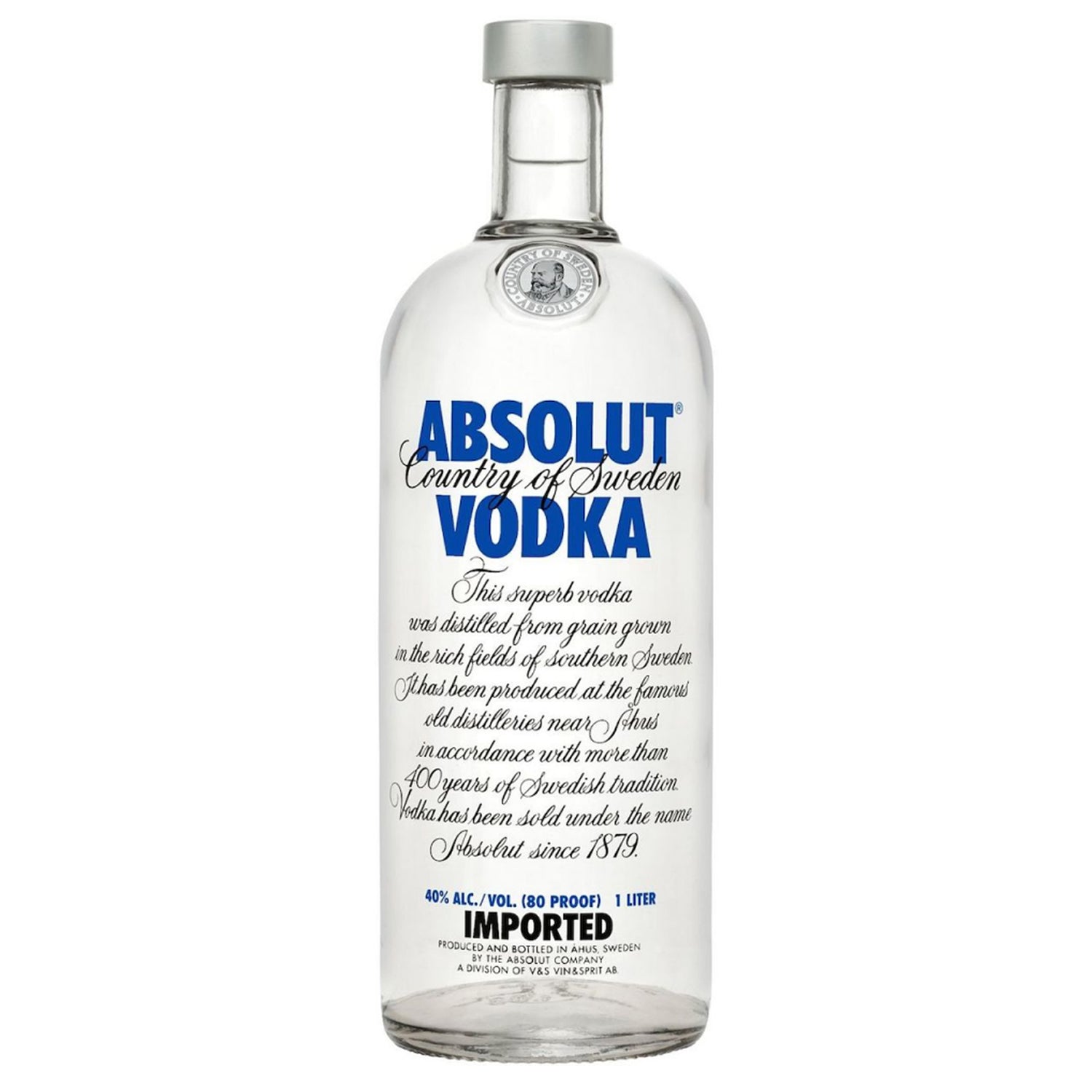 Absolut Vodka 700 mL clear glass bottle with blue and white label