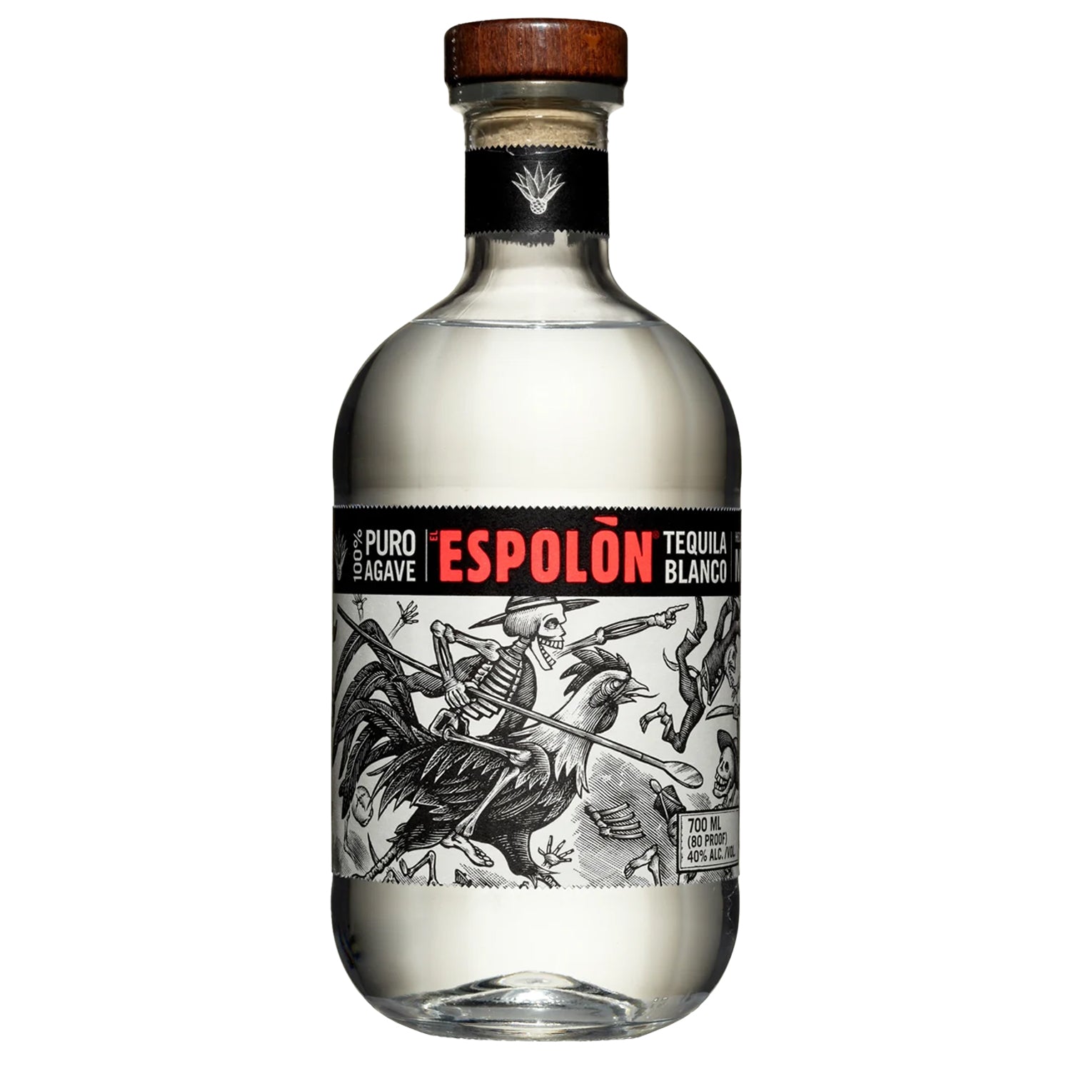 Espolòn Tequila Blanco 700mL bottle with illustrated label, made from 100% blue agave